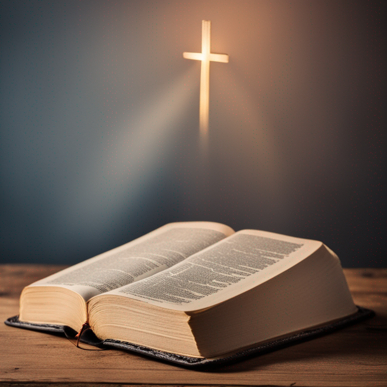 Bíblia aberta em uma mesa de madeira, com uma luz suave iluminando as páginas