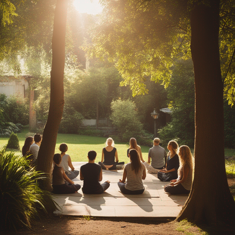 Group of people meditating in a tranquil garden