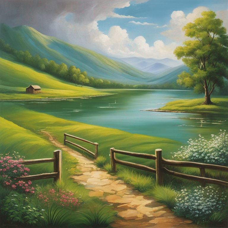 A peaceful landscape with green pastures and calm waters