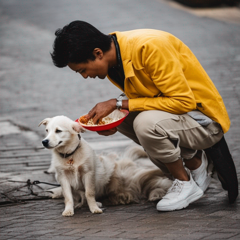 A person feeding a stray dog