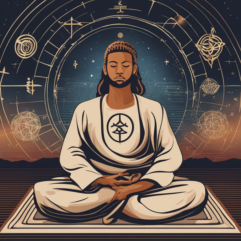 A person meditating with a Bible and Reiki symbols in the background