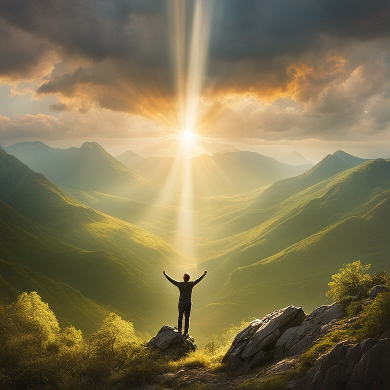 A imagem representa uma pessoa em um topo de montanha com os braços levantados em rendição alegre à presença do Senhor